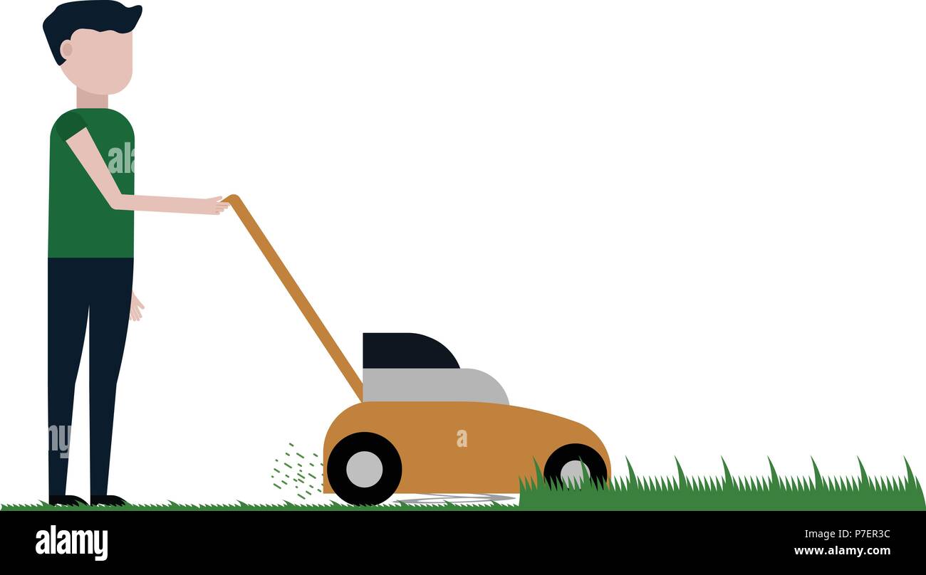 Der Mann ist schneiden den Rasen Vector Illustration auf weißem Hintergrund Stock Vektor