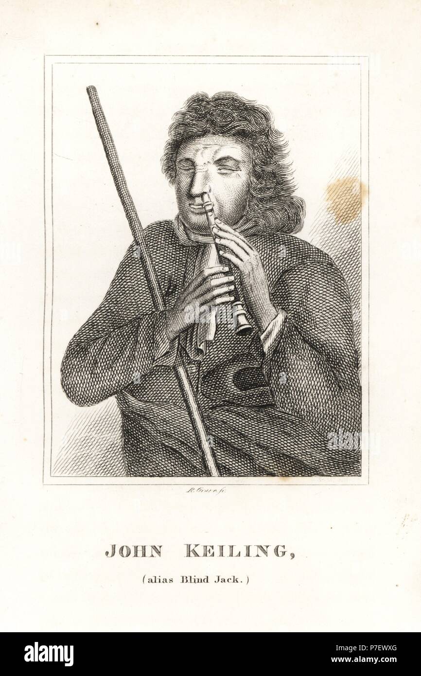 John Keiling, Blinden Jack, London Street Interpret auf das flageolett mit seiner Nase. Gravur von R. Grab von James Caulfields Porträts, Memoiren und Zeichen von bemerkenswerter Personen, London, 1819. Stockfoto