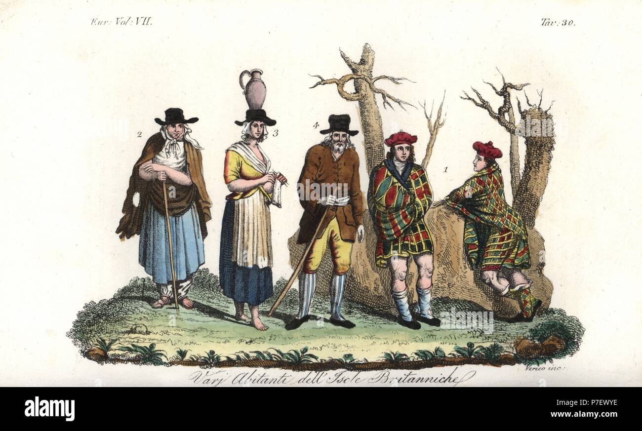 Trachten der Einwohner der britischen Inseln, aus dem 18. Jahrhundert. Der Mensch Männer des schottischen Hochlands in Tartan Kilts 1, Highland Frau 2 und Tiefland Frau, 3, 4. Handkoloriert Kupferstich von Verico aus Giulio Ferrario Kostüme Ancient and Modern der Völker der Welt, Florenz, 1847. Stockfoto