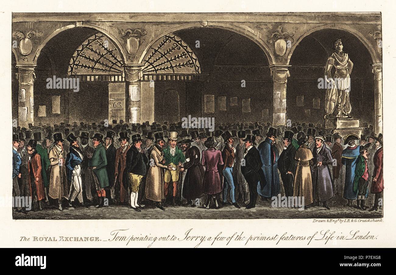 German Dandies treffen Kaufleute in der Royal Exchange, London, 1820. Tom, Jerry einige Der primest verfügt über das Leben in London. Papierkörbe Kupferstich von Isaac Robert Cruikshank und George Cruikshank von Pierce Egan Leben in London, Sherwood, Jones, London, 1823. Stockfoto