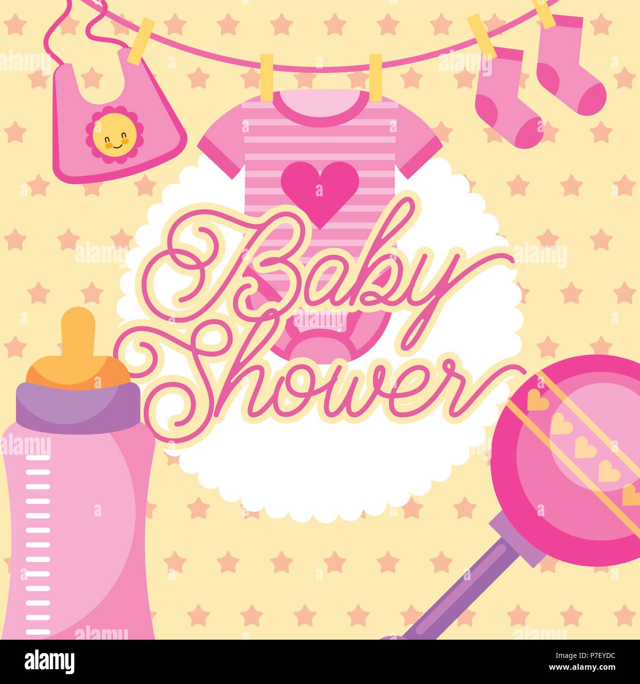 Rosa Kleidung und rattle Flasche baby Karte Dusche Stock Vektor