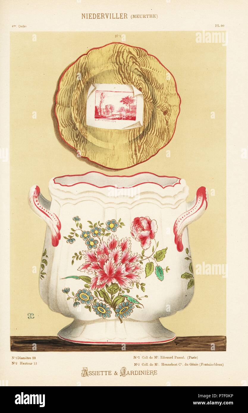 Platte mit Trompe l ' Illustration Landschaft geklebt auf die Maserung des Holzes und Blumentopf oder Jardiniere mit botanischen Dekoration von Niderviller, Lothringen, Frankreich. Handgefertigte Farblitho von Ris Paquots allgemeine Geschichte der alten französischen und ausländischen glasierte Keramik, Chez l'Auteur, Paris, 1874. Stockfoto