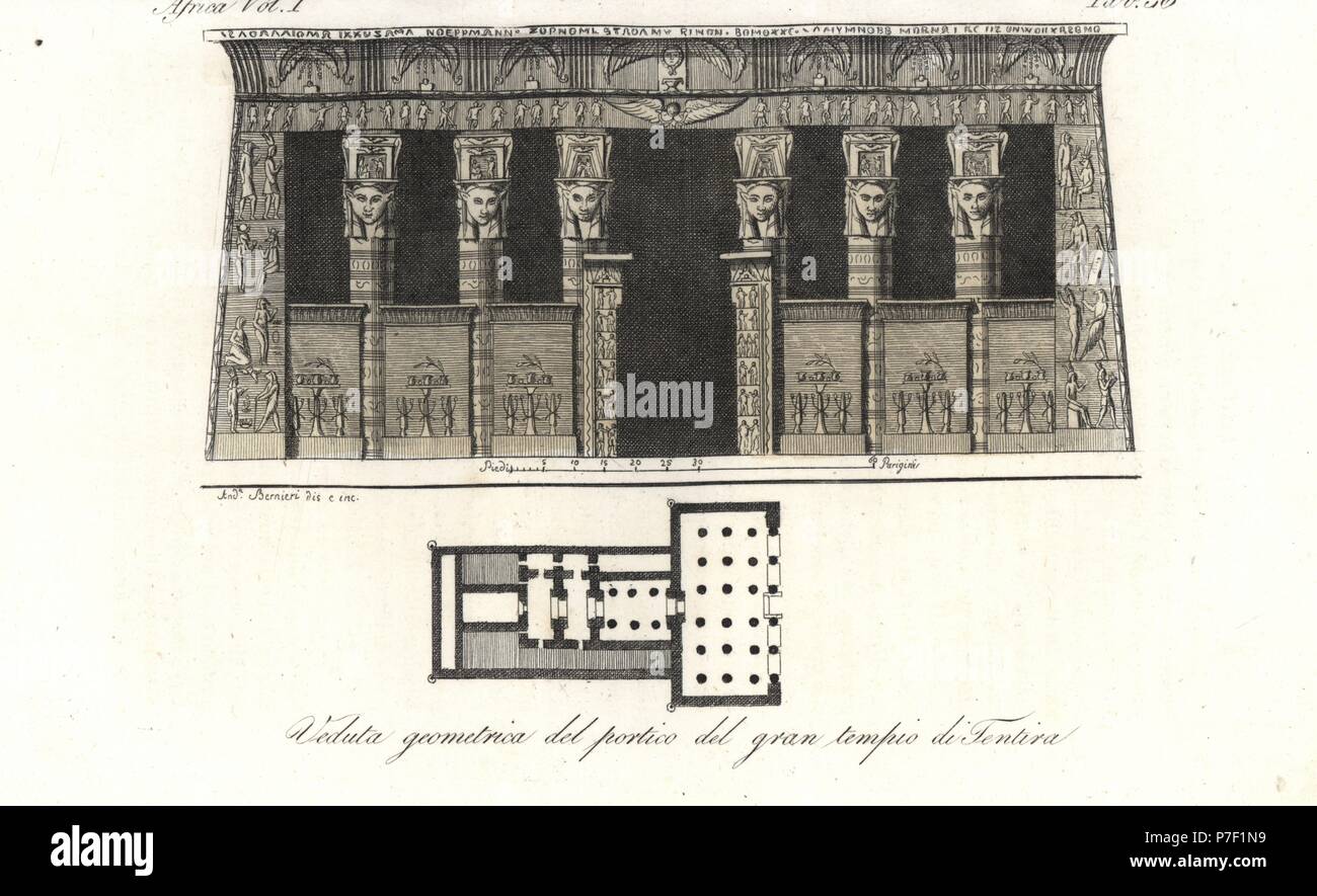 Höhe und Plan der Tempel der Hathor von Dendera (Tentyra) Tempel komplex. Papierkörbe Kupferstich von Andrea Bernieri von Giulio Ferrrario's Kostüme antiken und modernen aller Völker (Il Kostüm Antico e Moderno di Tutti i Popoli), Florenz, 1843. Stockfoto