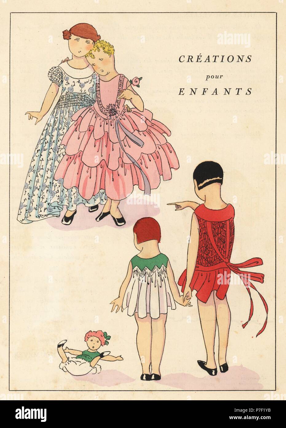 Kinder Mode von 1927. Papierkörbe pochoir (Schablone) Lithographie von der Französischen luxus Mode Magazin Kunst, Gicht, Beauté, 1927. Stockfoto