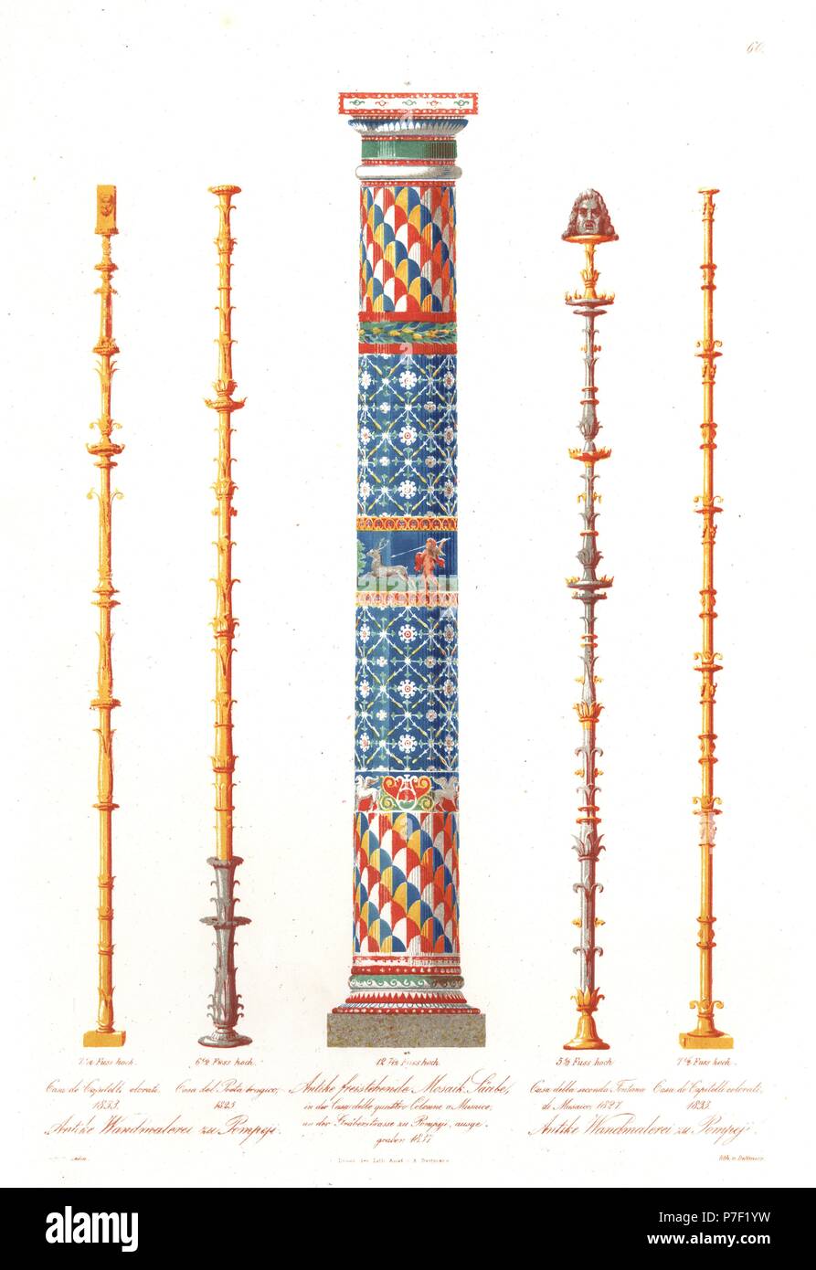 Antike Mosaik Spalte vom Haus Mosaik Spalten, Pompeji und Wandmalereien von Spalten aus anderen Häusern in Pompeji. Handkoloriert Lithografie von Dettmers nach einer Illustration von Wilhelm Zahn aus seinem Ornament von allen klassischen Kunstepochen, Ornamente Aller Tatsache Kunst-Epochen, Reimer, Berlin, 1842. Stockfoto