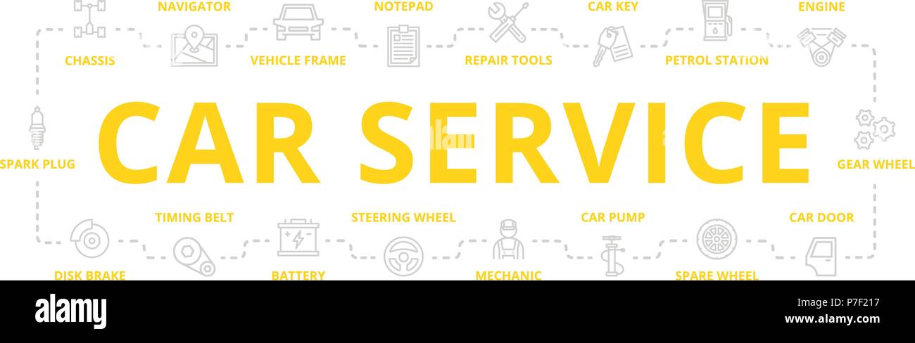 Satz von Vector Auto Service und Auto Reparatur dünne Linie Banner für Design Konzept. Abbildung für Präsentationen auf weißem Hintergrund Stock Vektor