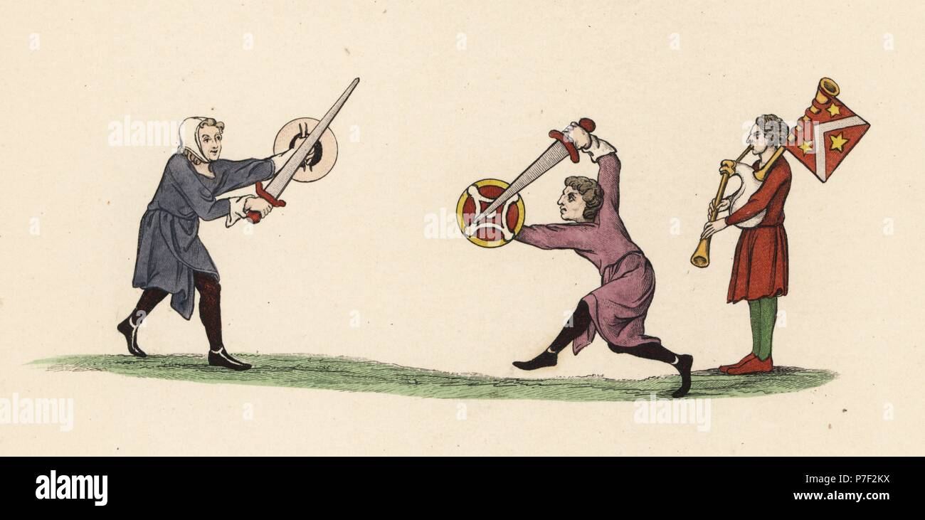 Schwertkampf zu Musik für Preise, 13. Darsteller mit Schwerter und Schilde in einem Duell mit Dudelsack Musik begleitet. Papierkörbe Lithographie von Joseph Strutt aus seinem eigenen Sport- und Freizeitvergnügen der Menschen in England, Chatto und Windus, London, 1876. Stockfoto