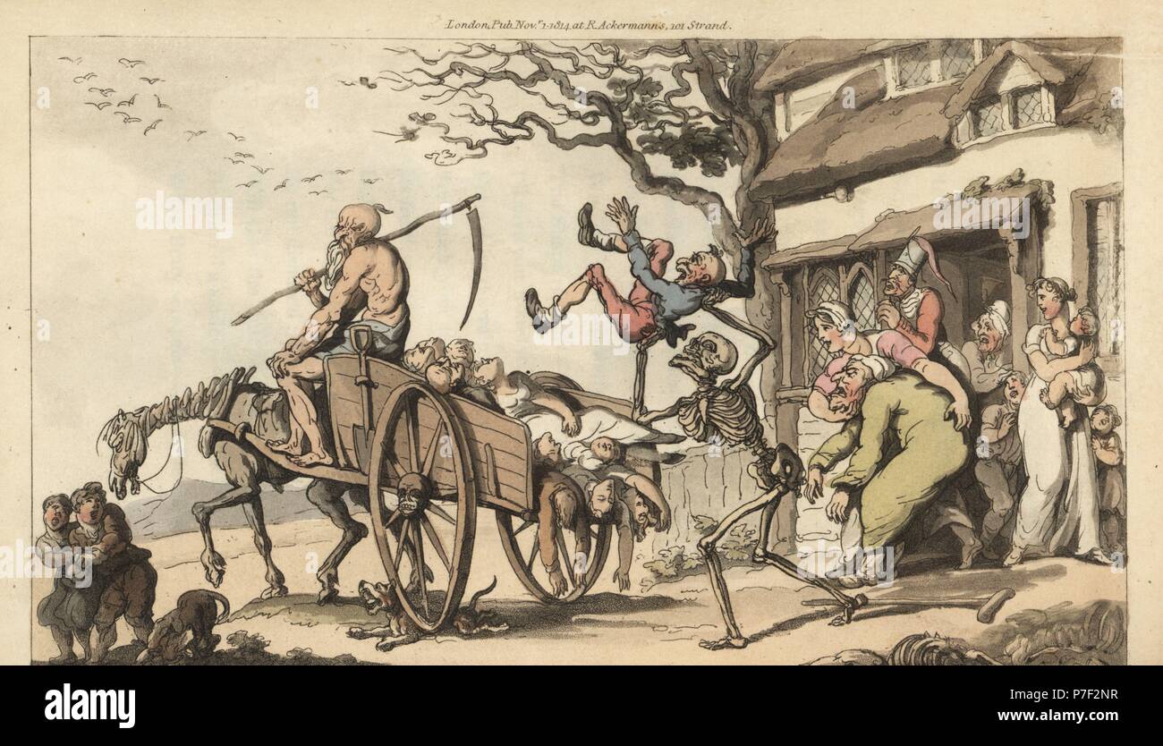 Das Skelett des Todes und der alte Mann Zeit Goody Barton der alte Mann zu nehmen, aber die Karre ist zu voll von Leichen bereits. Papierkörbe Kupferstich erstellt und von Thomas Rowlandson aus dem Englischen Tanz des Todes, Ackermann, London, 1816 eingraviert. Stockfoto