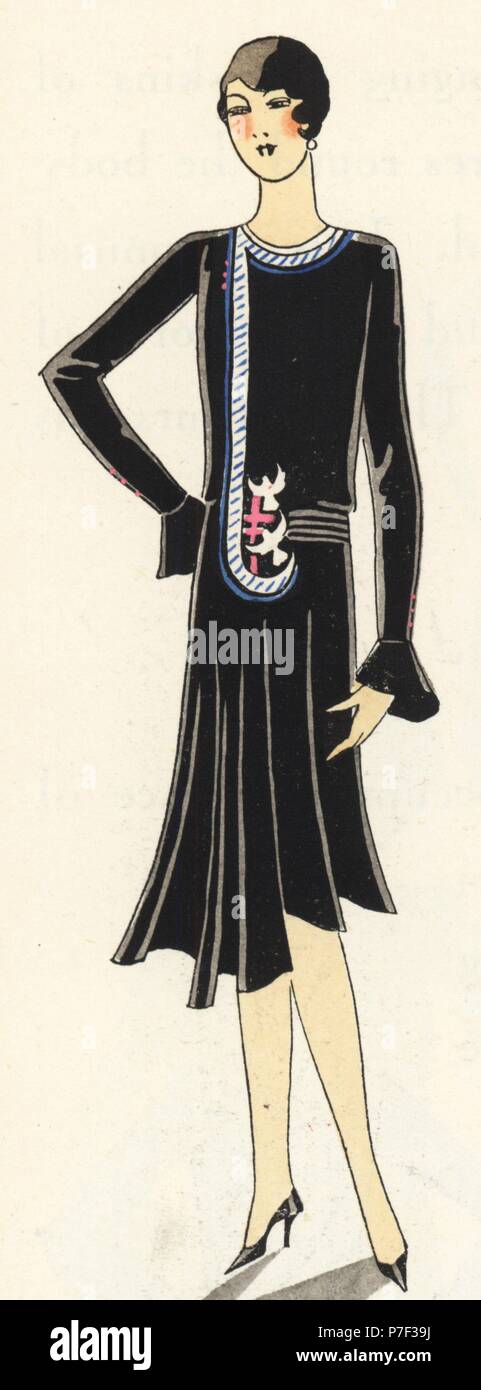Woman in Black Velvet nachmittag Kleid. Papierkörbe pochoir (Schablone) Lithographie von der Französischen luxus Mode Magazin Kunst, Gicht, Beauté, 1929. Stockfoto