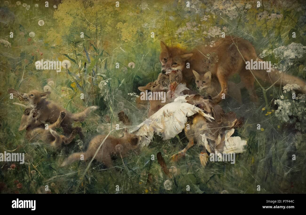 Bruno Liljefors (1860-1939). Schwedische Maler. Ein Fuchs Familie, 1886. National Museum. Stockholm. Schweden. Stockfoto