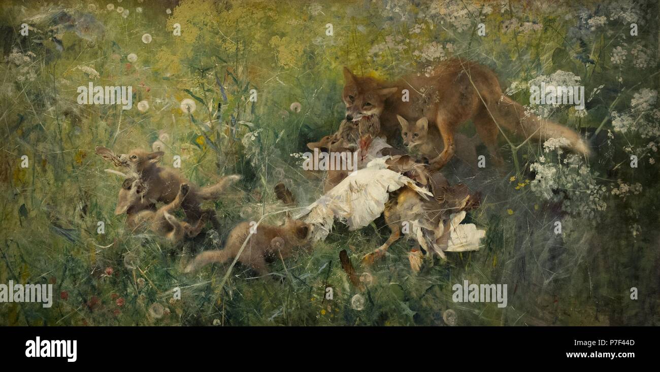 Bruno Liljefors (1860-1939). Schwedische Maler. Ein Fuchs Familie, 1886. National Museum. Stockholm. Schweden. Stockfoto