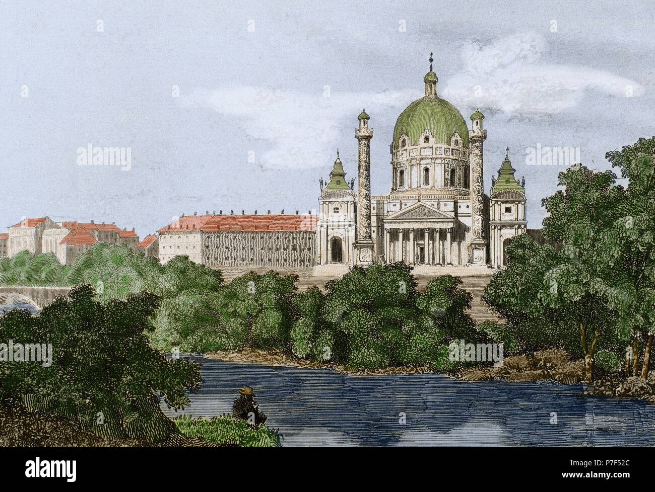 Österreich. Wien. Die Karlskirche (Karlskirche). Barockbau. Architekten; Johann Bernhard Fischer von Erlach (1656-1723), Joseph Emanuel Fischer von Erlach (1693-1742). Kupferstich, 19. Jahrhundert. Farbige. Stockfoto