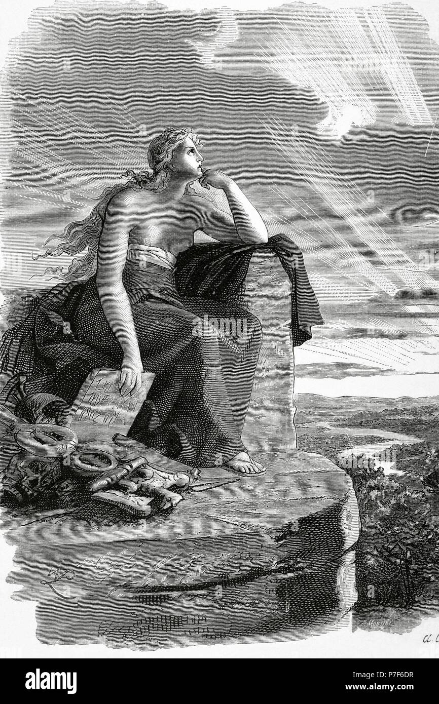 Veleda. Priesterin und Prophet des germanischen Stammes der Petilius. Sie erzielte Vorsprung während der Batavian Aufstand von 69-70 A.C, wenn sie korrekt, die Erfolge der Rebellen gegen die römischen Legionen vorhergesagt. Porträt. Kupferstich von A. Closs, 1882. Stockfoto