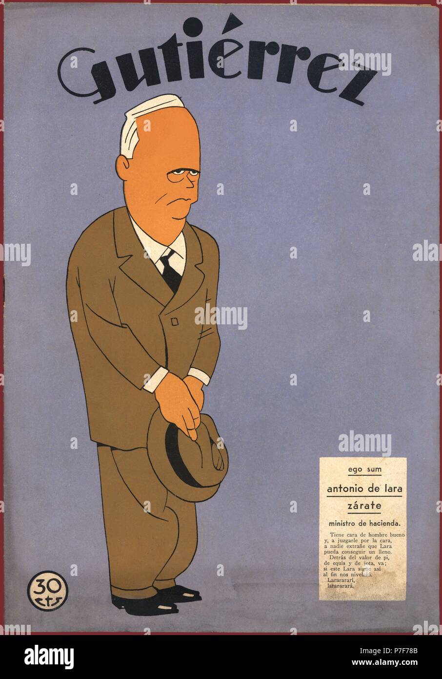 Portada de la Revista satírica Gutiérrez. Caricatura de Antonio de Lara Zárate (1881-1956), abogado y político Español. Año 1933. Dibujo de K-Hito. Stockfoto