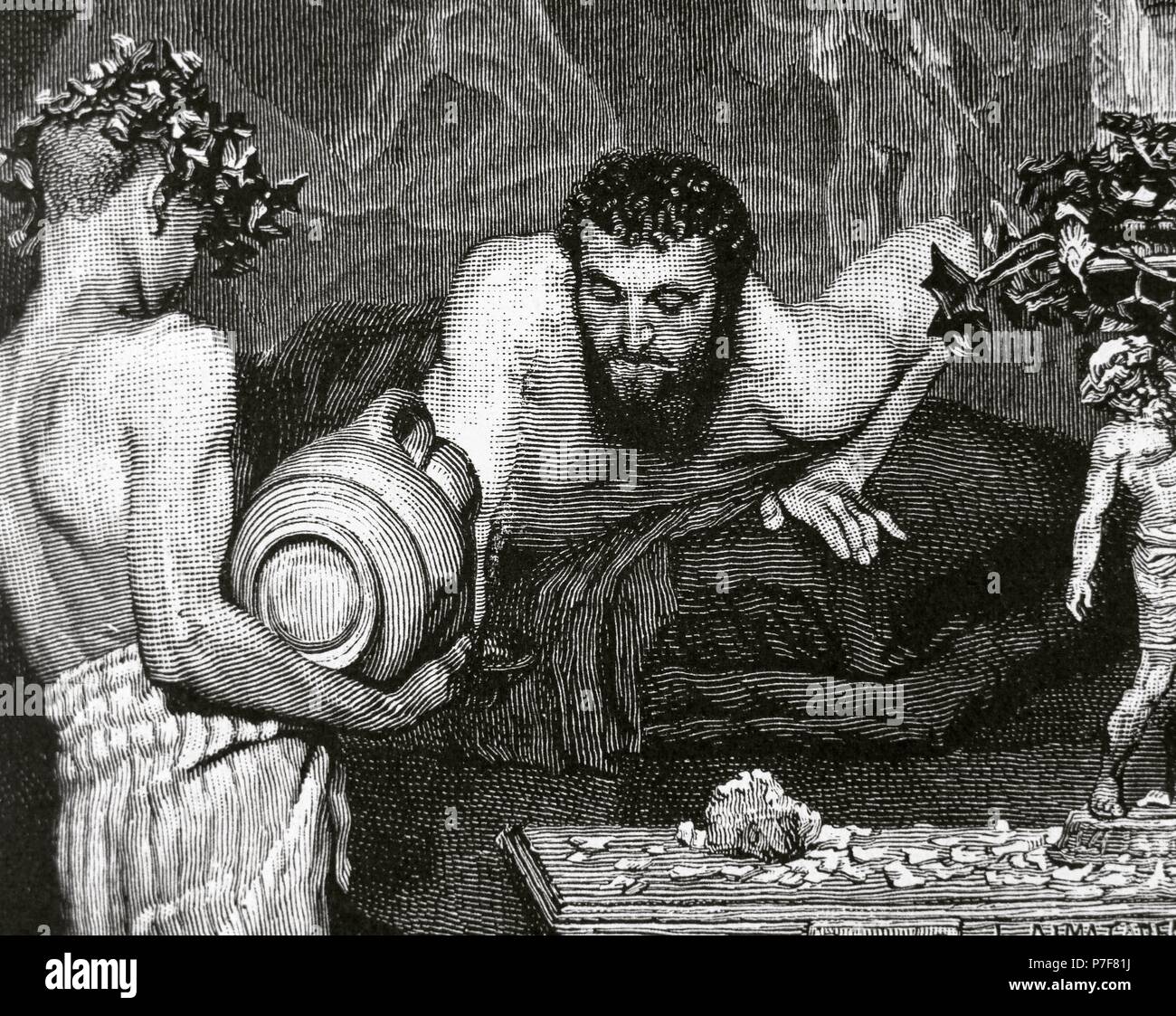Antiken Rom. Junger Sklave dient einen Patrizier, die auf ein Triclinium während eines Banketts liegt. Kupferstich "La Ilustracion Espanola y Americana" (1887). Stockfoto