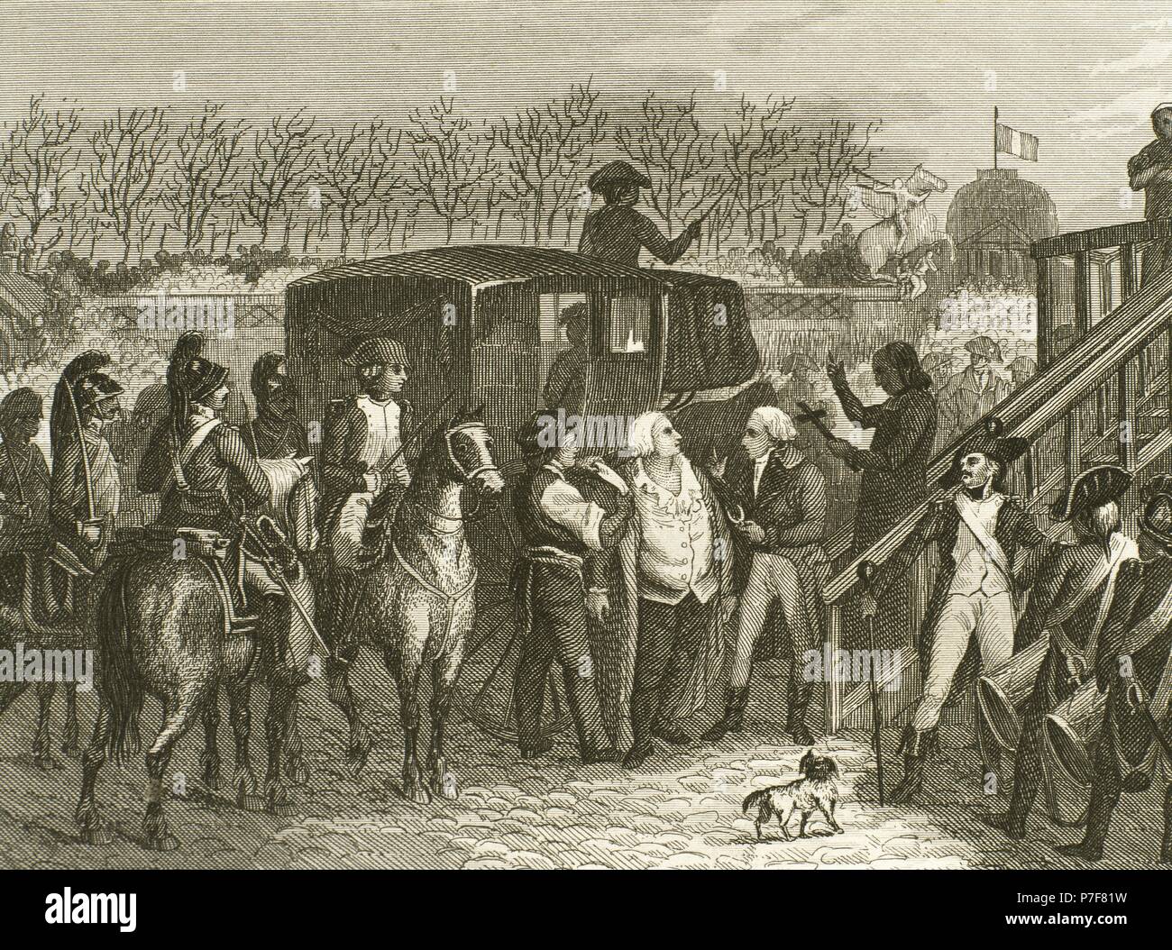 Französische Revolution. Hinrichtung von Ludwig XVI. von Frankreich (1754-1793) auf dem Platz der Revolution (Concorde-Platz). 21. Januar 1793. Der König wird zum Schafott geführt. Paris. Gravur. des 19. Jahrhunderts. Stockfoto