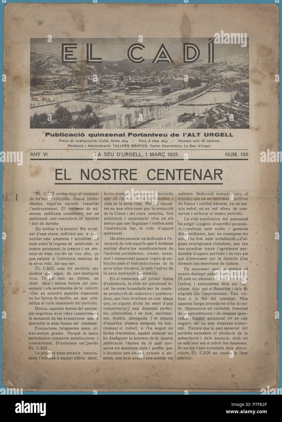 Portada de la Revista quincenal de La Comarca del Alt Urgell, El Cadi, editada en La Seu d'Urgell, marzo de 1935. Stockfoto