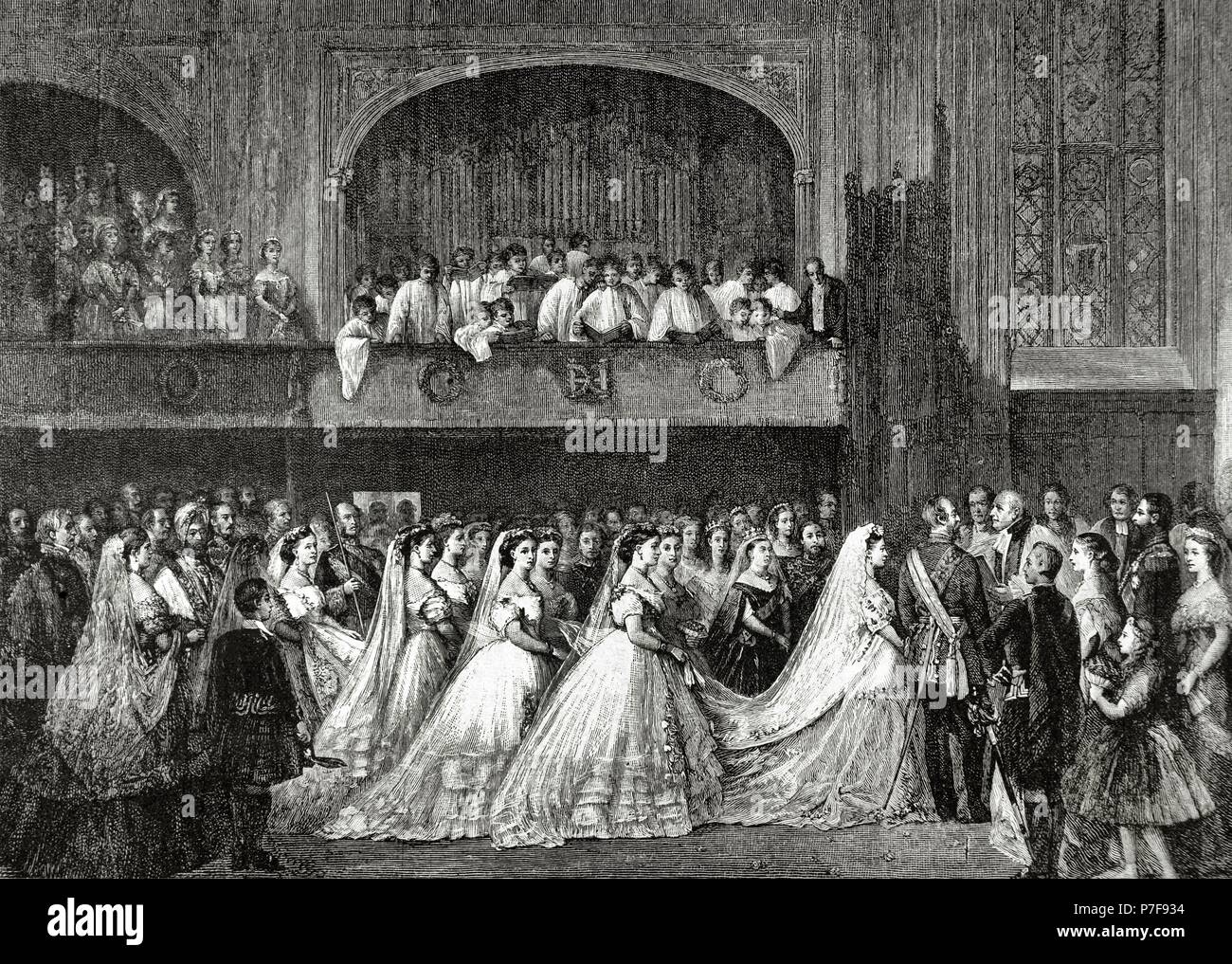 Victoria i. (1819-1901), Königin des Vereinigten Königreichs von Großbritannien und Irland (1837-1901) und Kaiserin von Indien (1876-1901), bei der Hochzeit ihrer Tochter Prinzessin Helena (1846-1923) mit Prinz Christian von Schleswig-Holstein (1831 – 1917) am 5. Juli 1866. Gravur. "Almanaque De La Ilustracion", 1888. Stockfoto