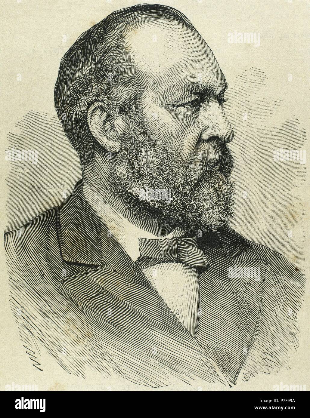 James Abram Garfield (1831-1881). US-amerikanischer Politiker der Republikanischen Partei. 20. Präsident der Vereinigten Staaten vom 4. März 1881, bis zu seiner Ermordung im selben Jahr. Porträt. Gravur. Stockfoto