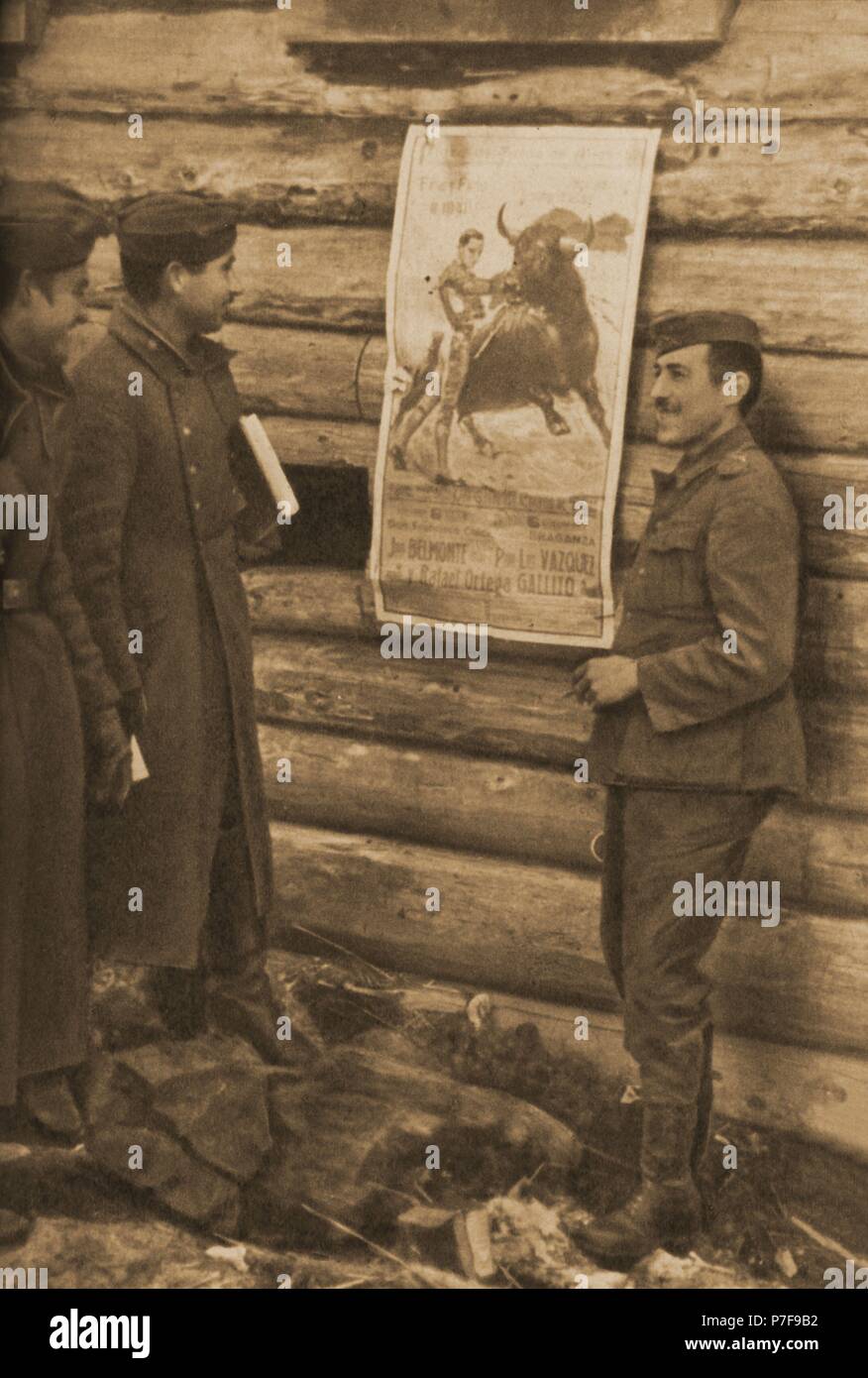 División Azul en Alemania en 1942 (Segunda Guerra Mundial). Kartell de una Corrida de Toros en un barracón de las tropas. Stockfoto