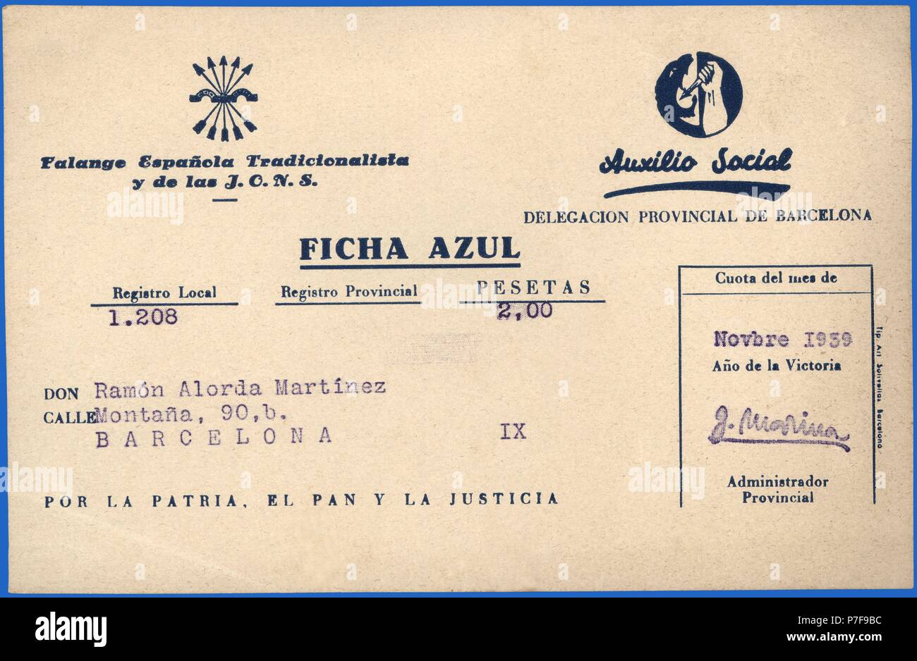 Ficha Azul de Falange Española de las J.O.N.S. Tradicionalista y para el Auxilio soziale. Año 1939. Stockfoto