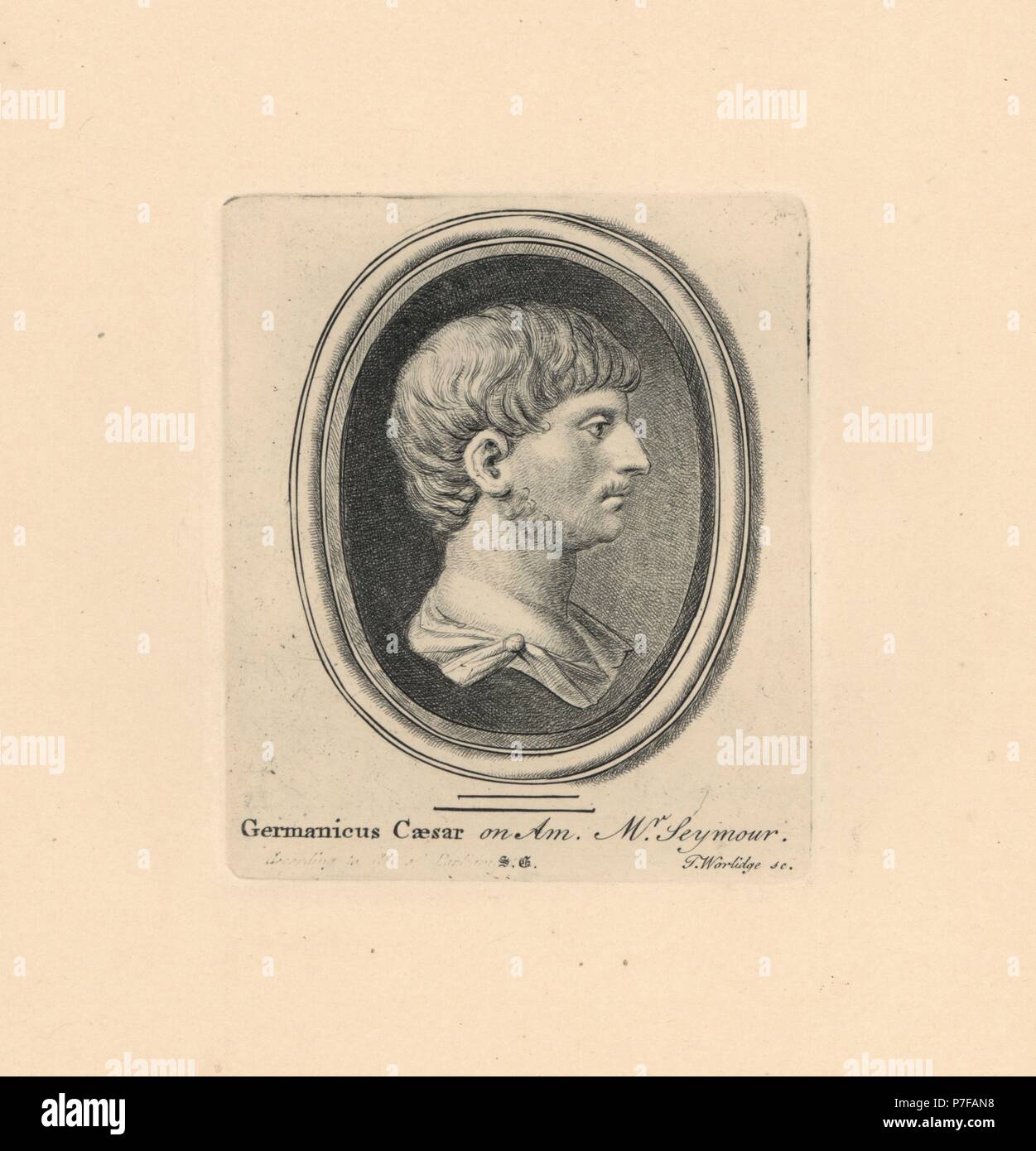 Porträt des Germanicus Caesar, römischer Feldherr, eingraviert auf Amethyst in der Sammlung des Herrn Seymour. Kupferstich von Thomas Worlidge von James Vallentins eine hundert und acht Stiche aus antiken Perlen, 1863. Stockfoto