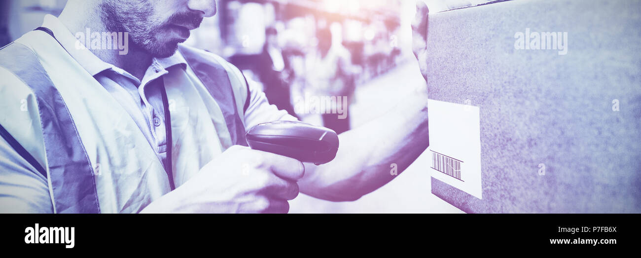 Arbeiter Scannen von Barcodes auf Kartons Stockfoto