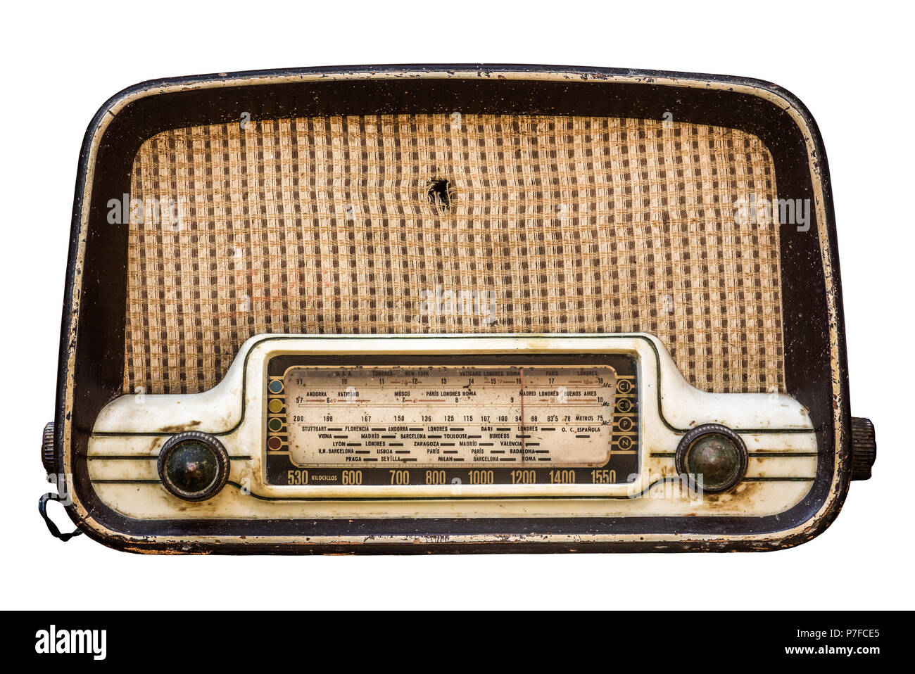 Isolierte Vintage Retro Radio in spanischer Sprache auf weißem Hintergrund Stockfoto