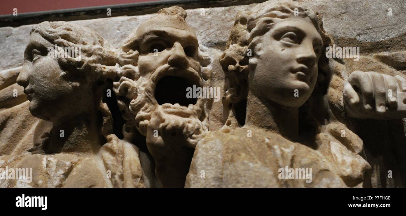 Römische Kunst. Sarkophag-Panel von Athena, Musen und Apollo. Detail. 3. Jahrhundert n. Chr. Marmor. Die Eremitage. Sankt Petersburg. Russland. Stockfoto