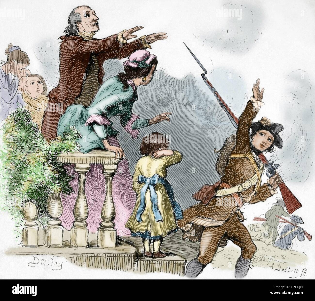 Amerikanischer Unabhängigkeitskrieg (1775-1783).  Minuteman verlässt nach dem Krieg, während er von einem Priester gesegnet ist. Engraving.19th Jahrhunderts. Farbige. Stockfoto