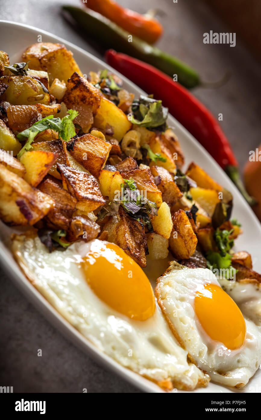 Eier und Pommes Frites mit kleinen Stücken des fettes Schwein Fleisch, Zwiebel und Knoblauch auf Platte, Ansicht schließen Stockfoto