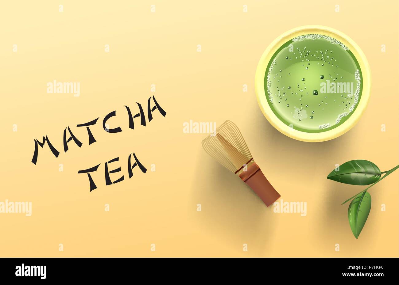 Eps 10 Vector Illustration von Matcha Tee, Kaffee Schneebesen, und Matcha Tee Blatt auf gelben Hintergrund, Ansicht von oben, eps 10 Vektor, Transparenz und Verlaufsgitter Stock Vektor