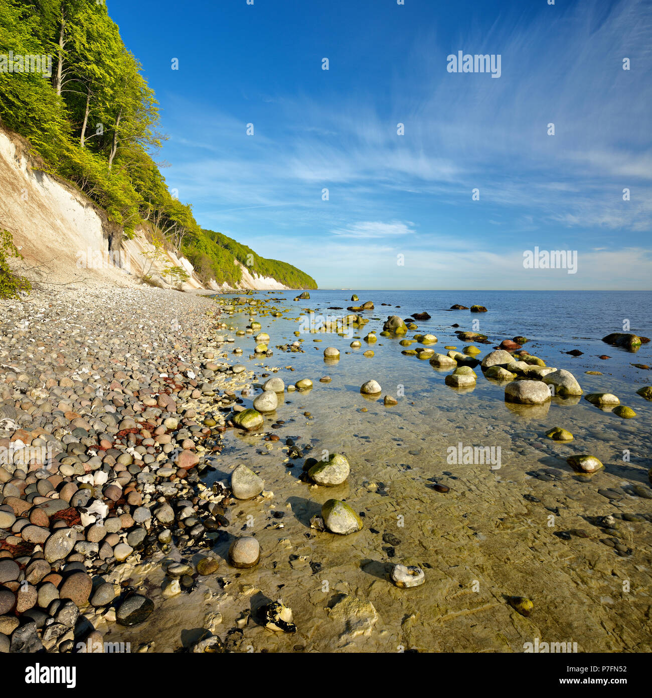 Stein Strand, Felsen und Kreidefelsen, Flachwasser, Nationalpark Jasmund, Rügen, Mecklenburg-Vorpommern Stockfoto