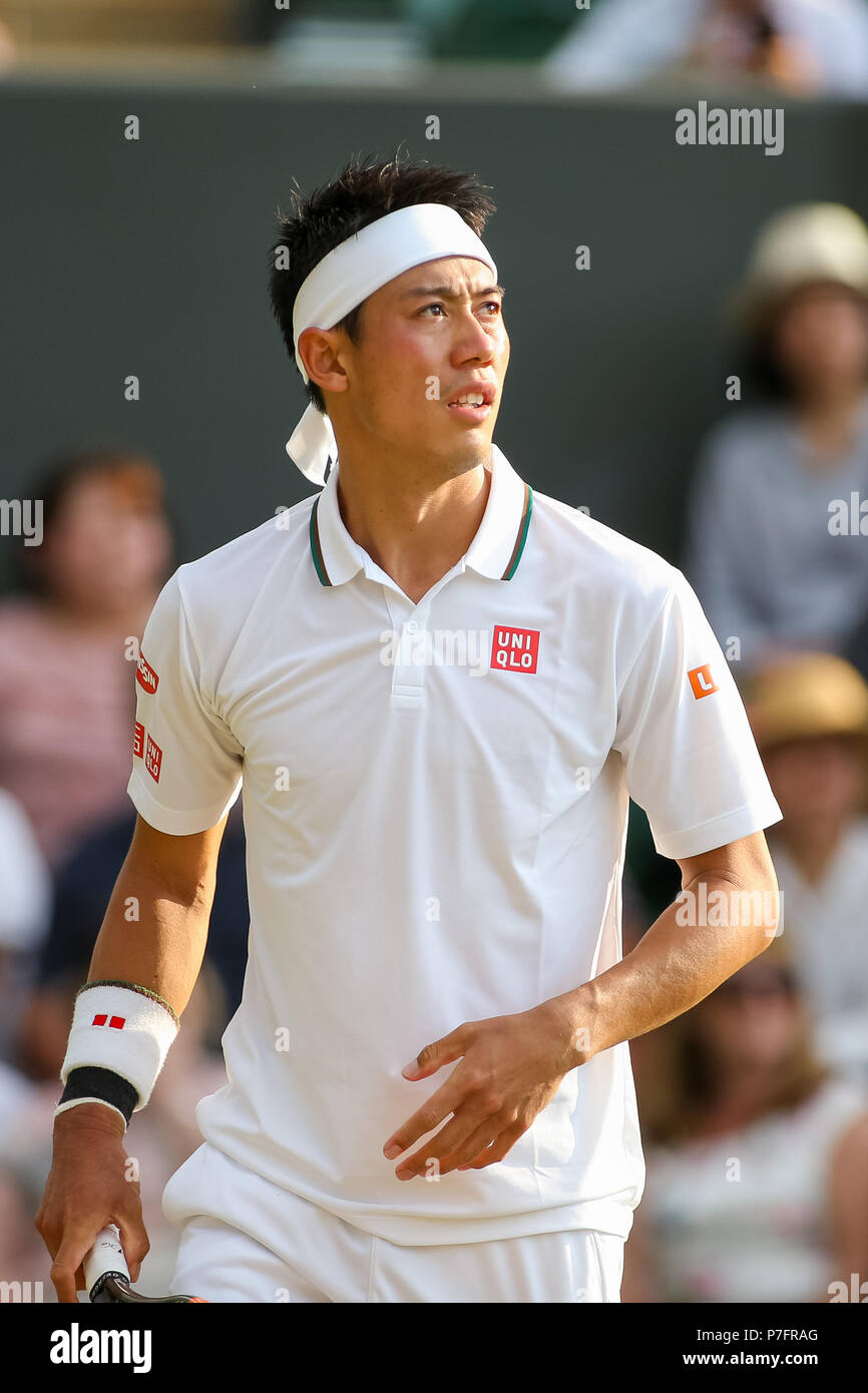 London, Großbritannien. 5. Juli 2018. Kei Nishikori (JPN) Tennis: Kei Nishikori von Japan während der Männer singles Match in der zweiten Runde Wimbledon Lawn Tennis Championships gegen Bernard Tomic von Australien an der All England Lawn Tennis und Croquet Club in London, England. Quelle: LBA/Alamy leben Nachrichten Stockfoto