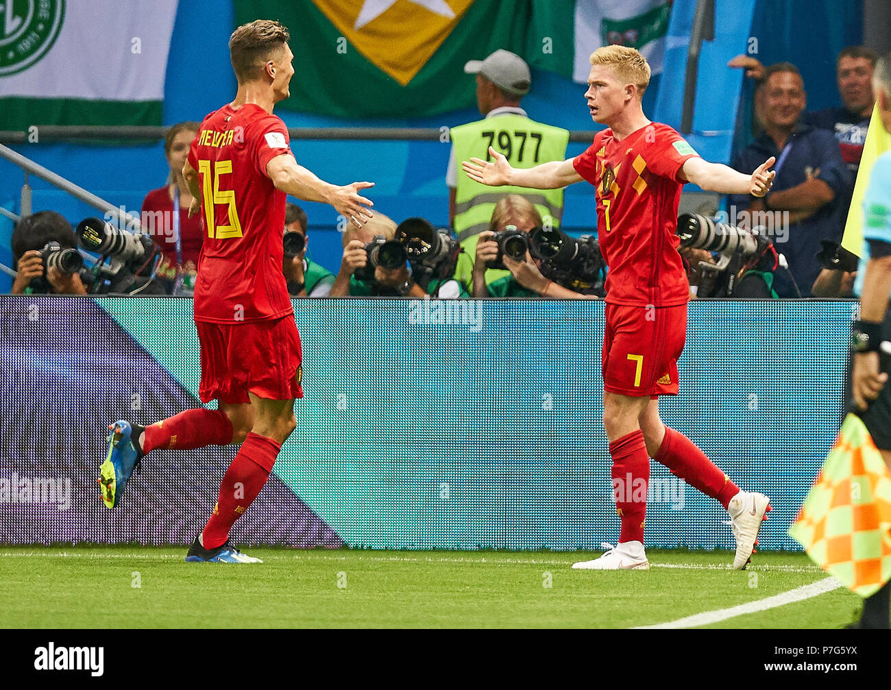 Belgien - Brasilien, Fußball, Kazan, Juli 06, 2018 Kevin De Bruyne, Belgien Nr.7 schießen Ziel für 2-0 Jubel, Freude, Emotionen, feiern, lachen, Jubeln, Jubeln, reißt die Arme, ballte die Faust, Belgien - BRASILIEN FIFA WM 2018 Russland, am Besten von 8, Saison 2018/2019, Juli 06, 2018 Stadion in Kazan, Russland. © Peter Schatz/Alamy leben Nachrichten Stockfoto