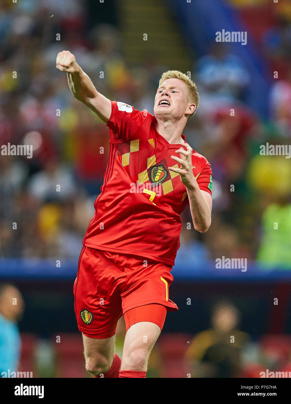 Belgien - Brasilien, Fußball, Kazan, Juli 06, 2018 Kevin De Bruyne, Belgien Nr.7 Jubel, Freude, Emotionen, feiern, lachen, Jubeln, Jubeln, reißt die Arme, ballte die Faust, Belgien - BRASILIEN FIFA WM 2018 Russland, am Besten von 8, Saison 2018/2019, Juli 06, 2018 Stadion in Kazan, Russland. © Peter Schatz/Alamy leben Nachrichten Stockfoto