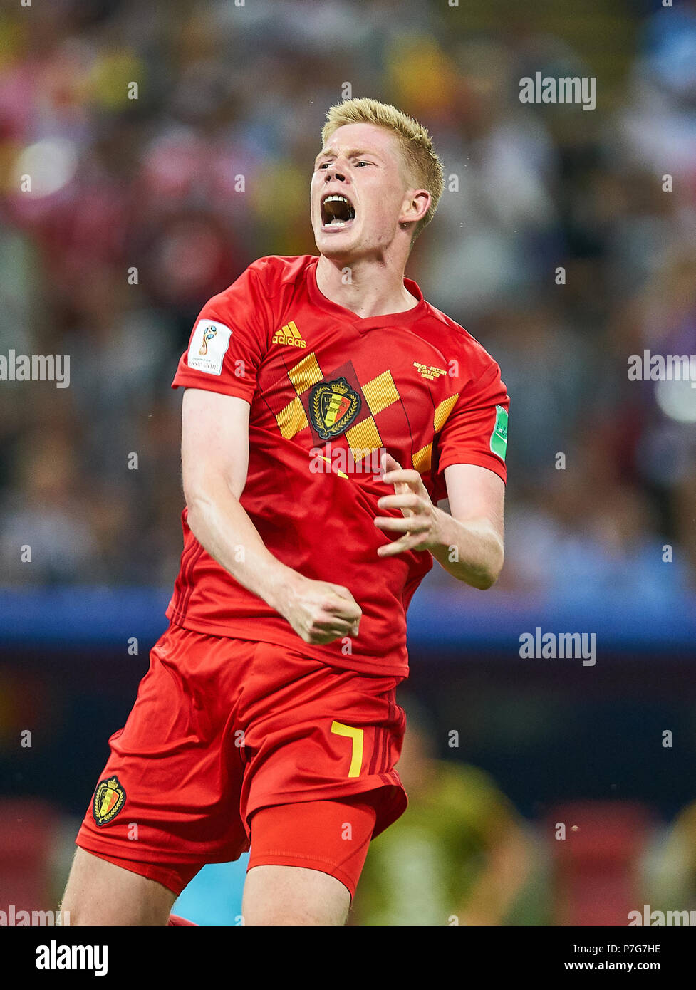 Belgien - Brasilien, Fußball, Kazan, Juli 06, 2018 Kevin De Bruyne, Belgien Nr.7 Jubel, Freude, Emotionen, feiern, lachen, Jubeln, Jubeln, reißt die Arme, ballte die Faust, Belgien - BRASILIEN FIFA WM 2018 Russland, am Besten von 8, Saison 2018/2019, Juli 06, 2018 Stadion in Kazan, Russland. © Peter Schatz/Alamy leben Nachrichten Stockfoto