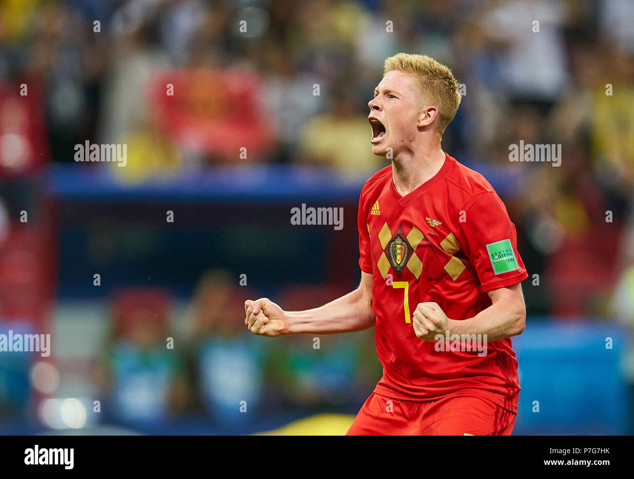 Belgien - Brasilien, Fußball, Kazan, Juli 06, 2018 Kevin De Bruyne, Belgien Nr.7 Jubel, Freude, Emotionen, feiern, lachen, Jubeln, Jubeln, reißt die Arme, ballte die Faust, Belgien - BRASILIEN FIFA WM 2018 Russland, am Besten von 8, Saison 2018/2019, Juli 06, 2018 Stadion in Kazan, Russland. © Peter Schatz/Alamy leben Nachrichten Stockfoto