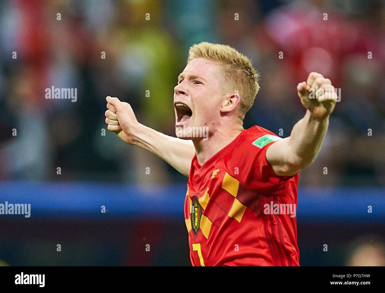 Belgien - Brasilien, Fußball, Kazan, Juli 06, 2018 Kevin De Bruyne, Belgien Nr.7 Jubel, Freude, Emotionen, feiern, lachen, Jubeln, Jubeln, reißt die Arme, ballte die Faust, Belgien - BRASILIEN FIFA WM 2018 Russland, am Besten von 8, Saison 2018/2019, Juli 06, 2018 Stadion in Kazan, Russland. © Peter Schatz/Alamy leben Nachrichten Stockfoto