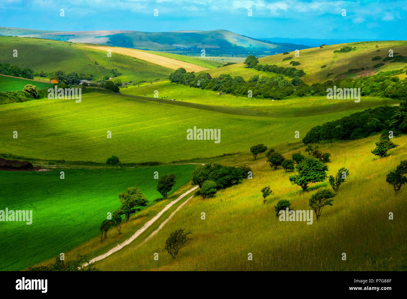 Rolling englischen Landschaft, die Hügel auf jeder Seite des Bildes mit einem Feldweg durch die Unterseite der Hügel in der Mitte des Bildes, weit Stockfoto