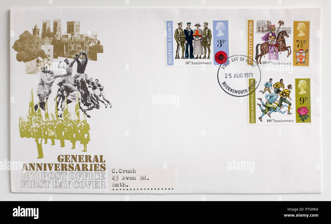 Vintage British Post Office Royal Mail Bahnpost Briefmarken 1971 Allgemeine Jubiläen Stockfoto