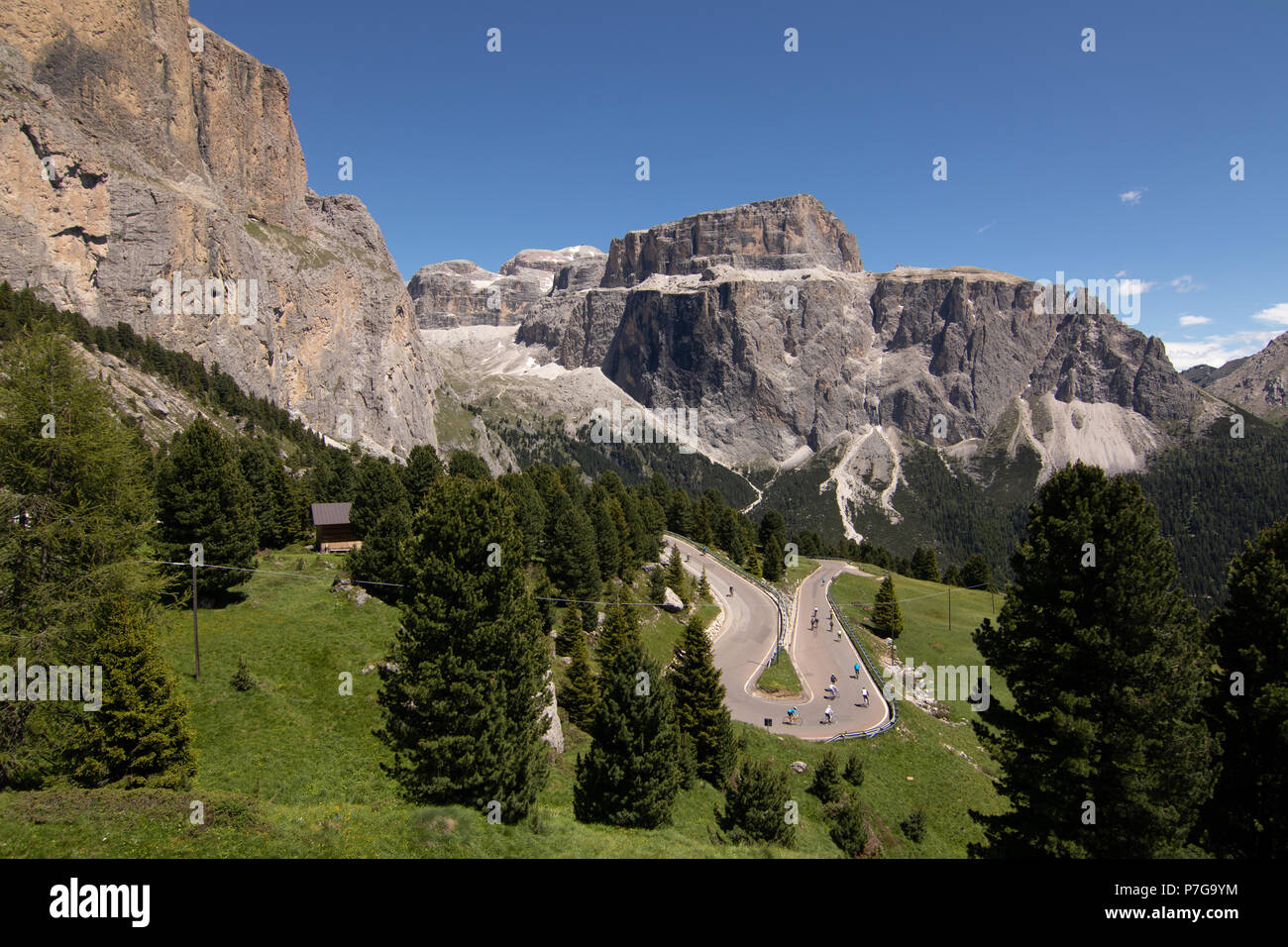 Sella Ronda Bike Day Passo Sella Pass Berg Dolomiten Italien Europa Südtirol Sellaronda Bike Day 2018 Maratona dles Dolomites Dolomiten Stockfoto