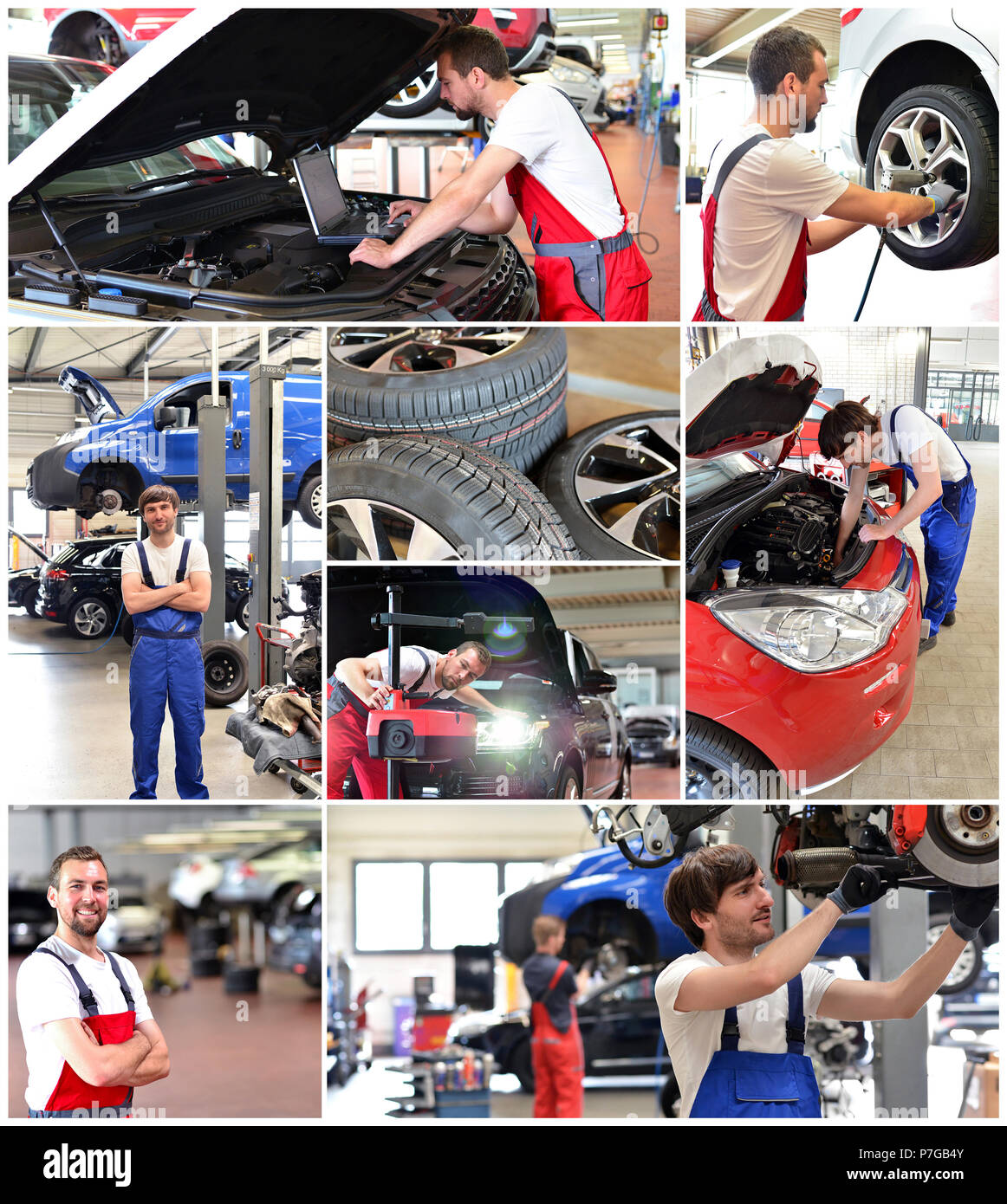 Collage mit Motiven in einer Autowerkstatt - Autoreparatur, ändern Reifen, Motor Diagnose Stockfoto