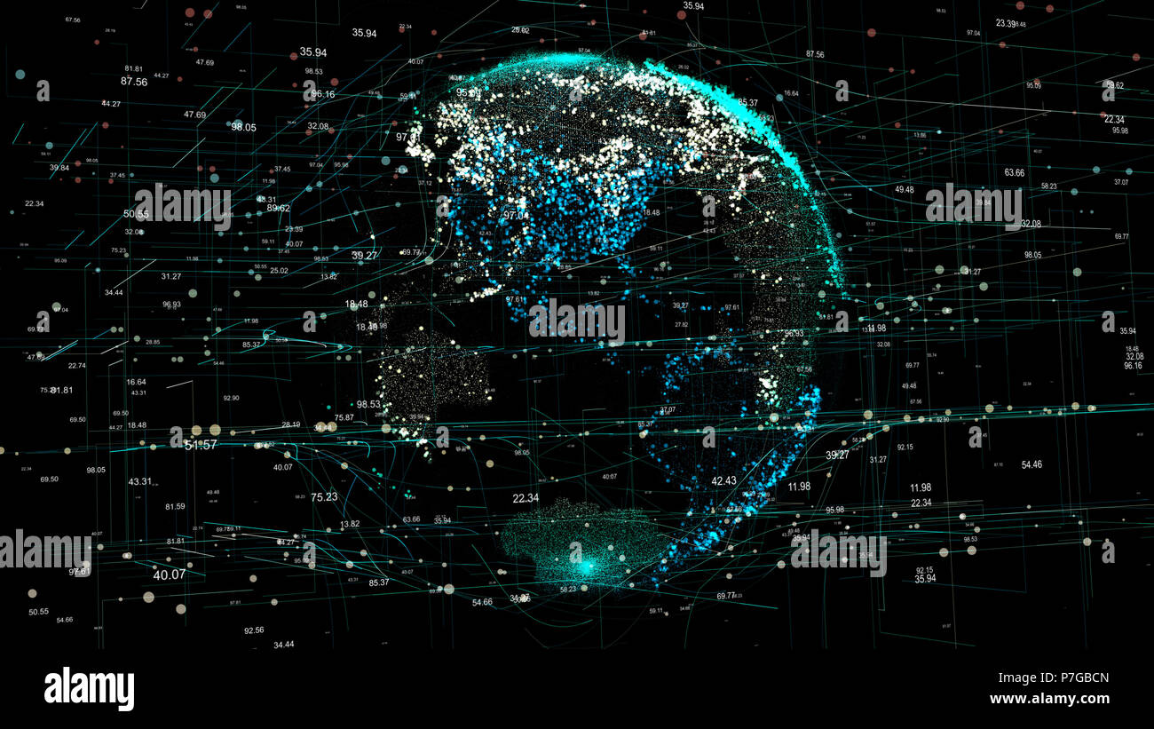 Planet Erde im globalen futuristischen Cyber-Netzwerk mit Verbindungslinien rund um den Globus. Die neuronalen künstliche Raster zeigt Daten und cryptocurrency Stockfoto