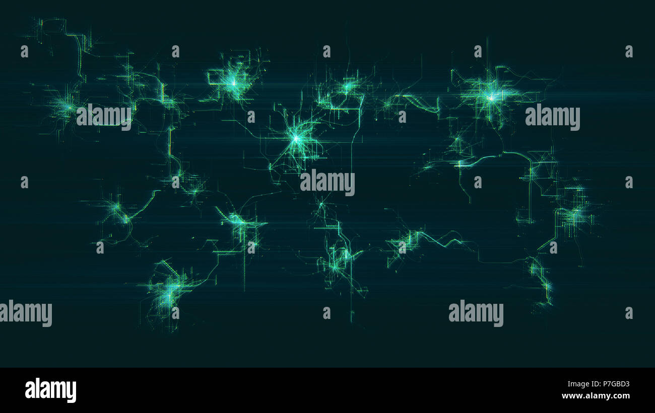Künstliche neuronale Netz. Elektronische Knoten mit einem synaptischen Verbindungen im elektronischen Cyberspace. Das Raster zeigt die dezentrale Verbindung in blockchain Stockfoto