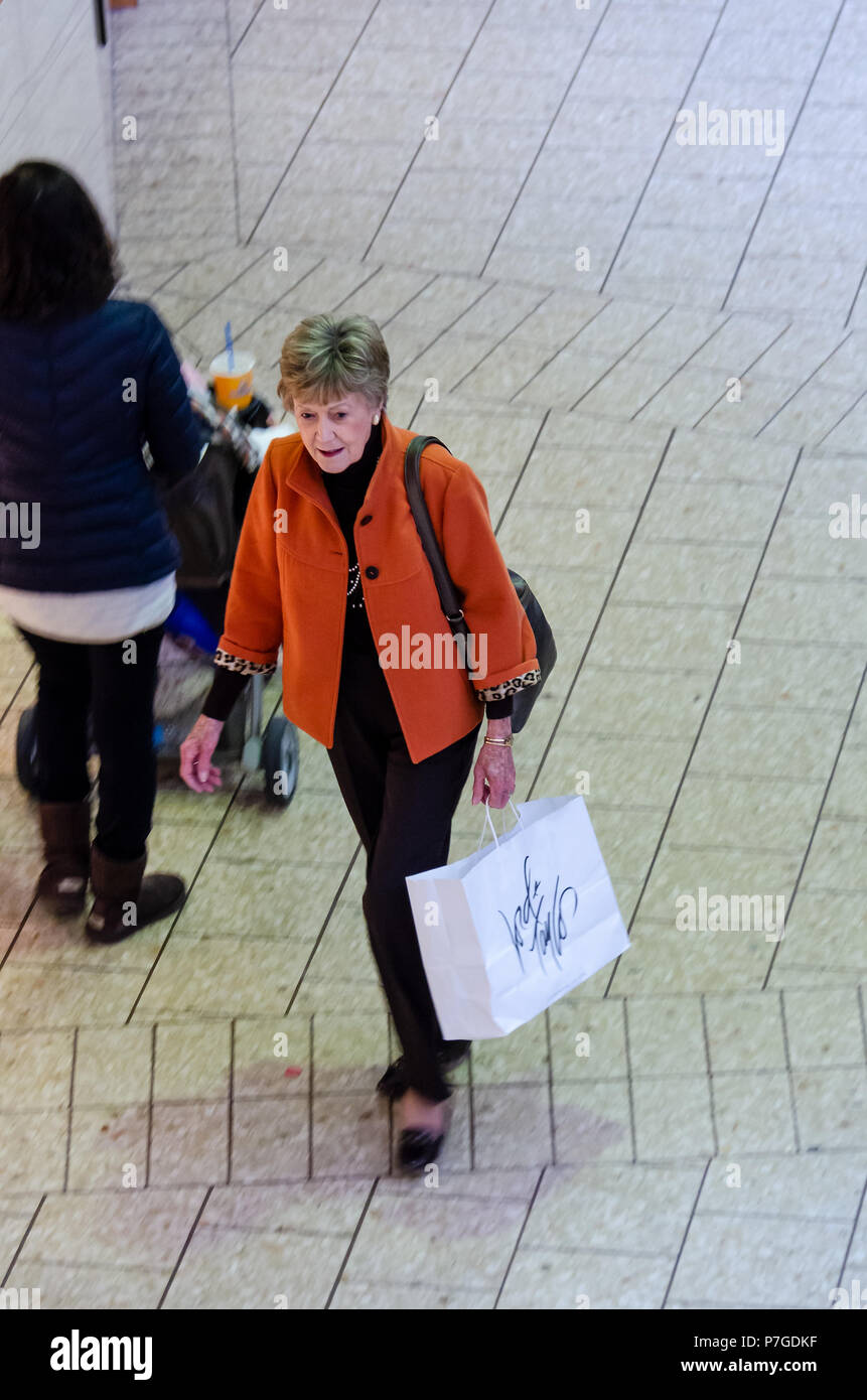 Fairfax, USA - Januar 2, 2015: Ein älterer, alte Frau, Frauen in Fair Oaks Shopping Mall zu Fuß, hält Herr Taylor store, Shop Tasche Stockfoto