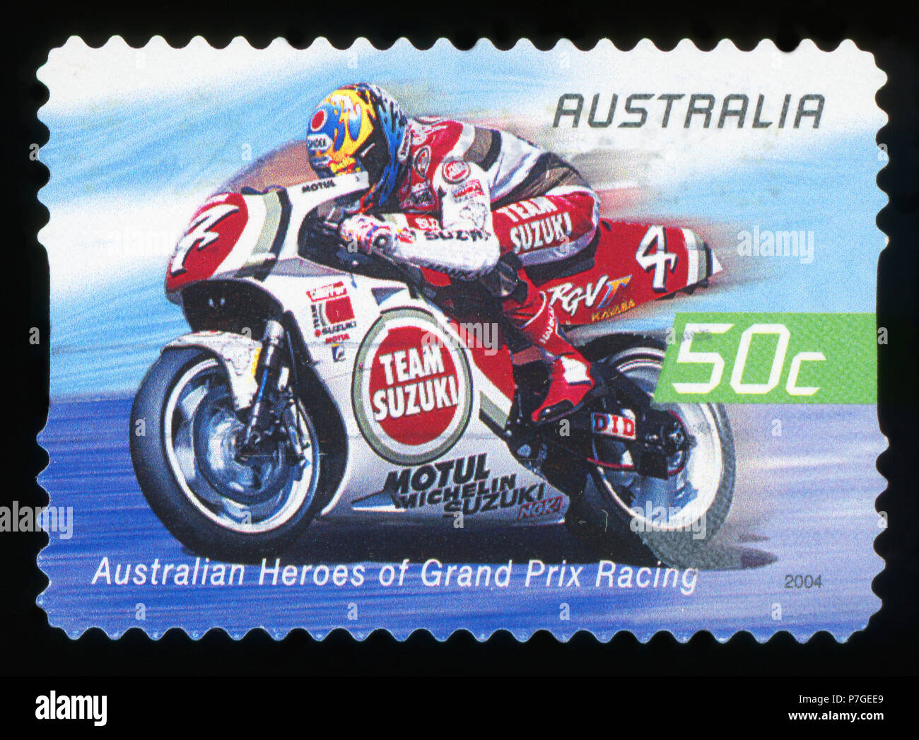 Australien - ca. 2004: Eine gebrauchte Briefmarke aus Australien feiert australischen Helden des Grand Prix Rennen, mit einem Bild von Daryl Beattie, ca. Stockfoto