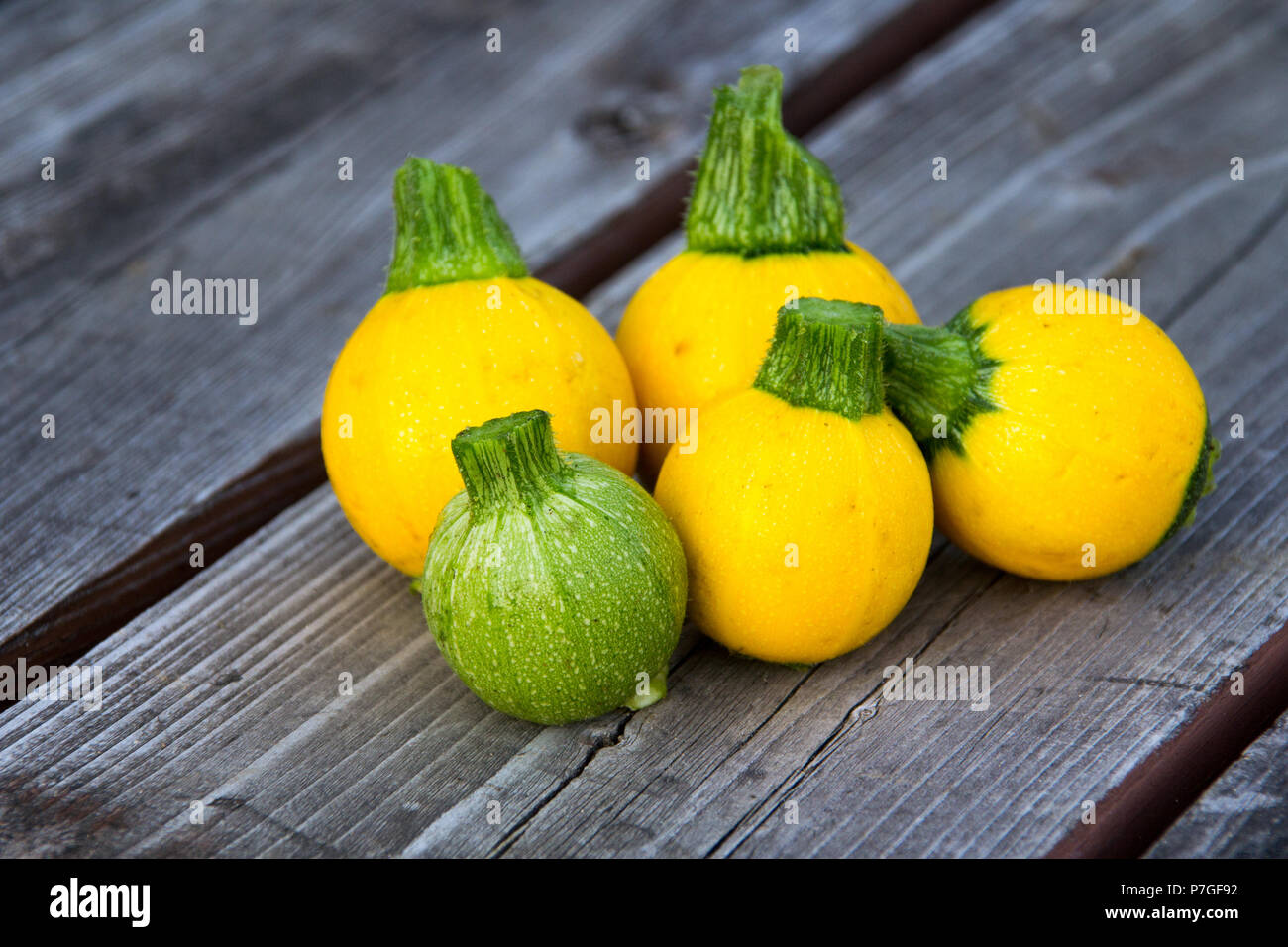 Mini zucchini Kugel Kugel acht gelbe und grüne über Holz Tisch Stockfoto