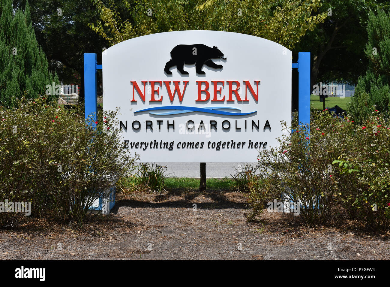 Ein willkommenes Zeichen freundliche Menschen in New Bern, North Carolina, USA. Stockfoto