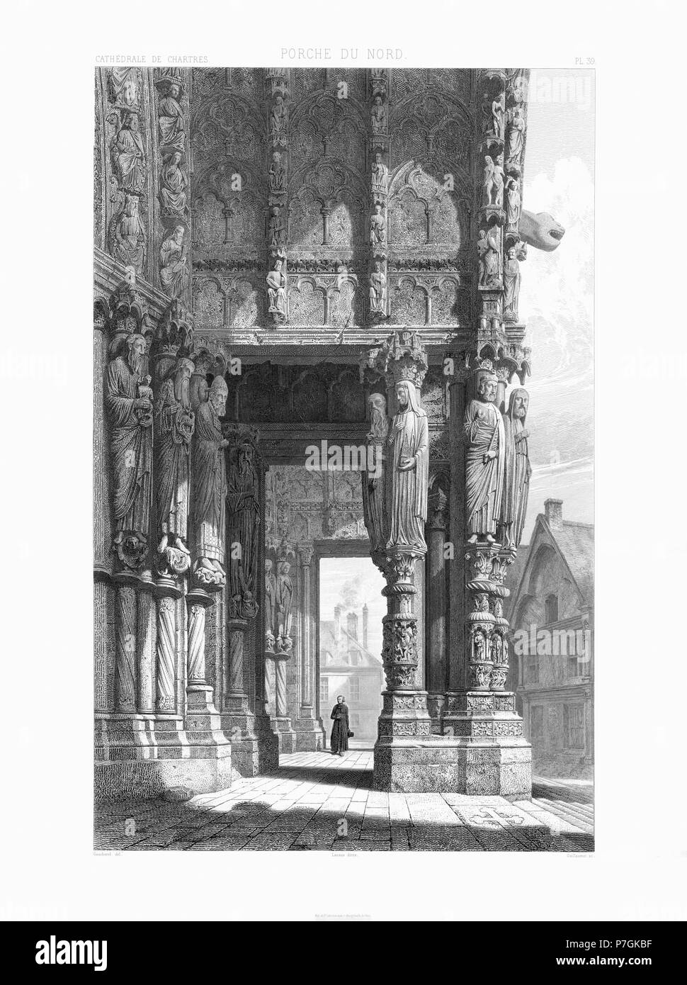 Français: Monographie de la Cathédrale de Chartres. Atlas. Planche n° 23: Porche nord-Lithographie. Paris, Imprimerie Imperiale, 1867 277 Monografie de la Cathedrale de Chartres - 23 Porche du Nord - Lithographie Stockfoto